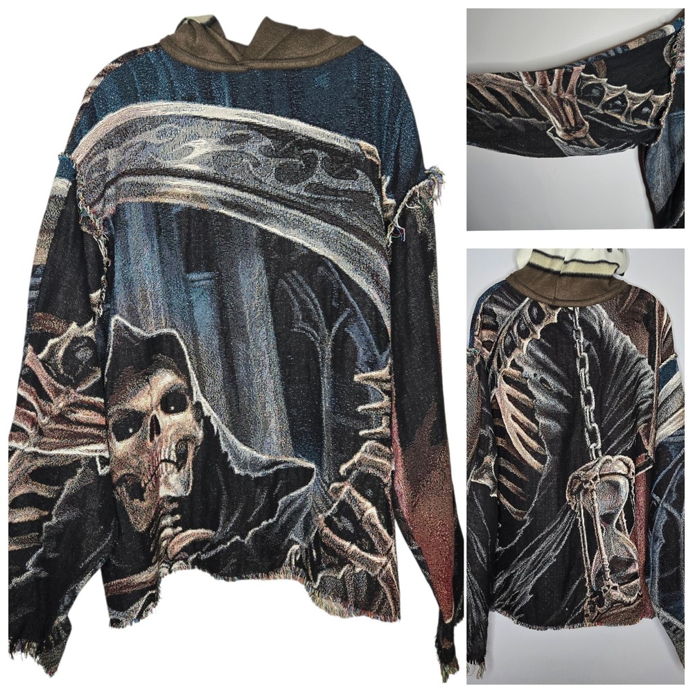 Custom Grim Reaper Tapestry Hoodie Woven Skeleton Grunge Oversized Streetwear